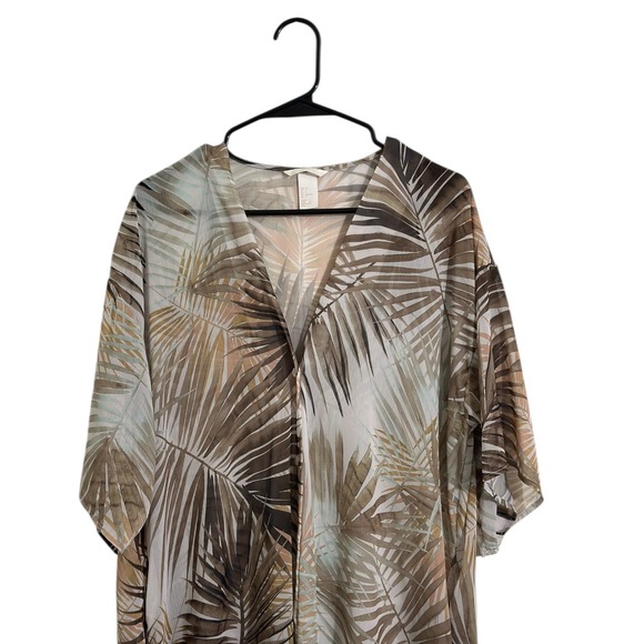 H&M Neutral Brown Tropical Print Button Front Semi Sheer Long Swim Cover Up SZ 2 - Picture 3 of 8